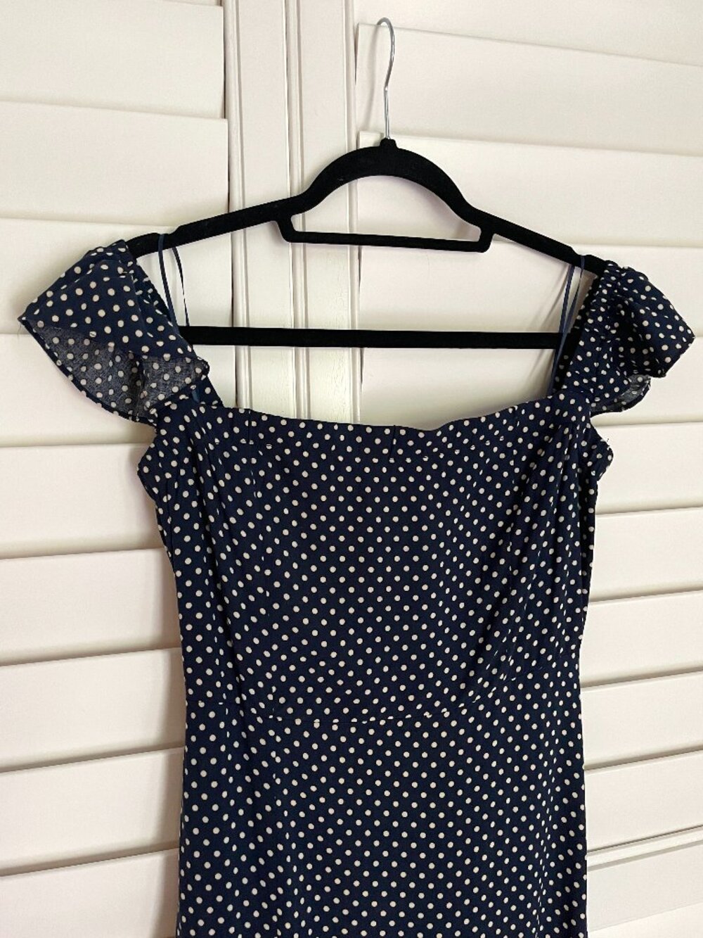 Lulus Dream Love Navy Blue Polka Dot Off the Shoulder Maxi Sundress Size Large - Picture 8 of 12
